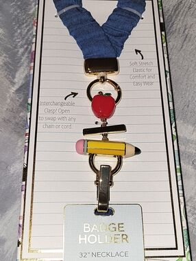 School-Themed Badge Holder Necklace with Apple & Pencil Charms - Blue